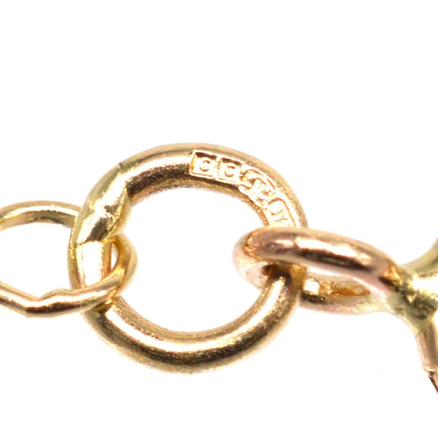 Close-up of the 9ct gold curb link chain showing the clasp and hallmark detail.