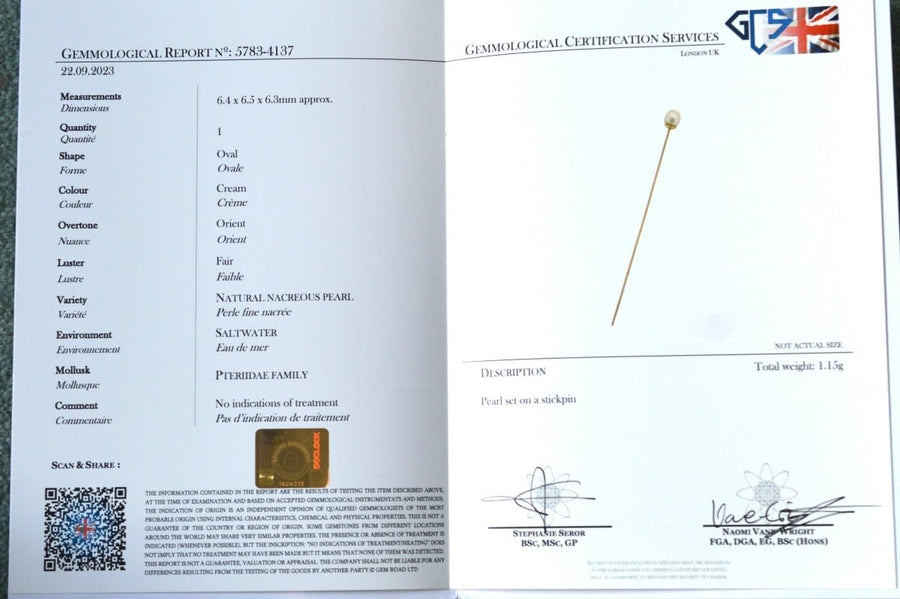 Gemmology certificate for a natural saltwater pearl tie pin, detailing pearl measurements and authenticity.