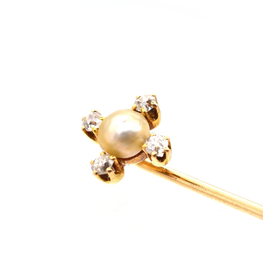 Edwardian 18ct gold tie pin with natural pearl and four white diamonds, perfect for ties or lapels.