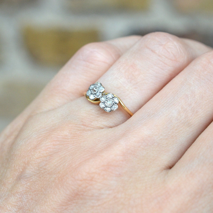 Edwardian 18ct Gold, Double Diamond Cluster Crossover Ring | Parkin and Gerrish (UK)