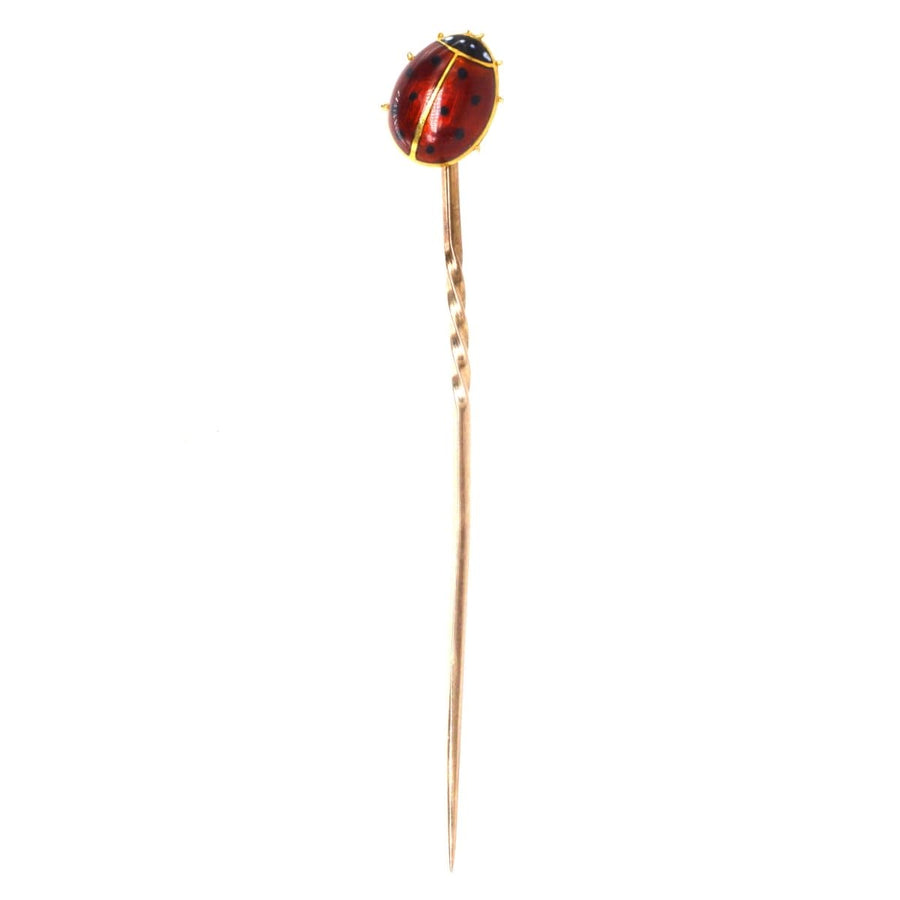 Edwardian 18ct gold ladybird bug tie pin, a charming accessory symbolizing good luck and new beginnings.