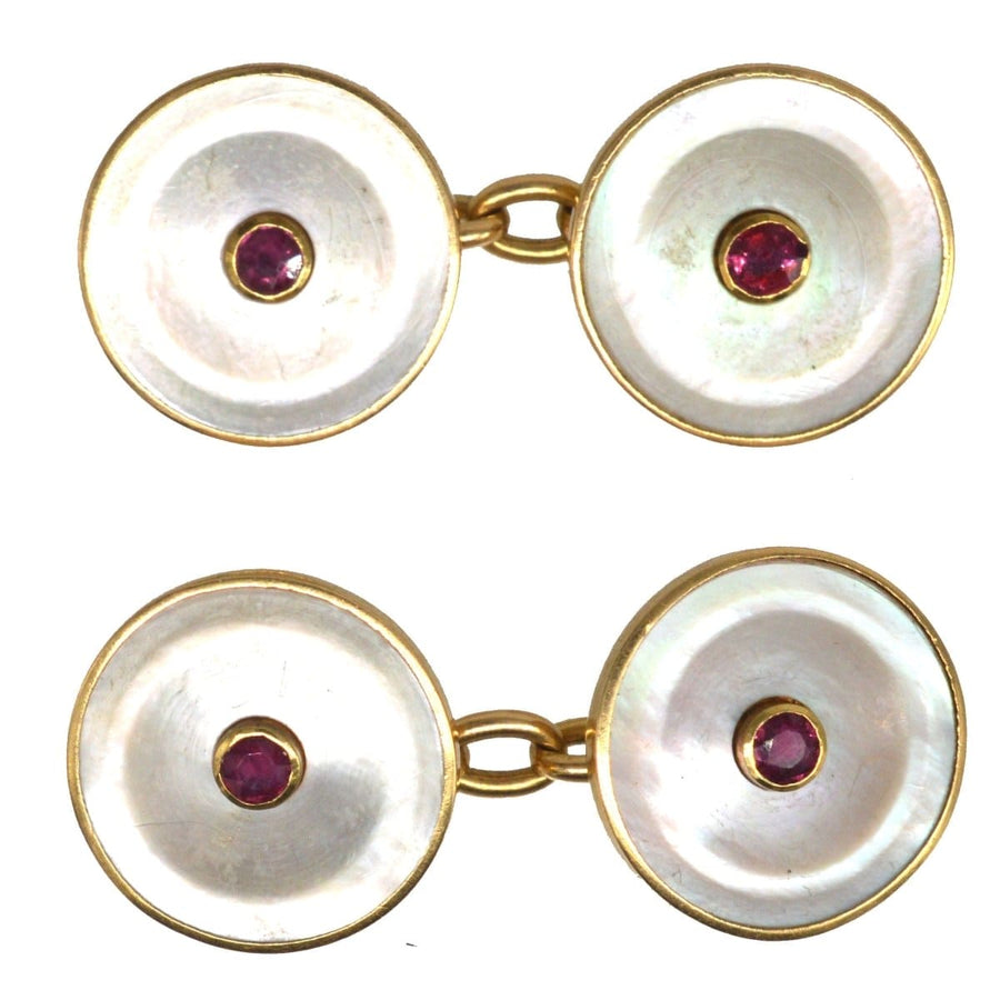 Elegant Edwardian 18ct gold cufflinks with mother of pearl and ruby details, perfect for special occasions.