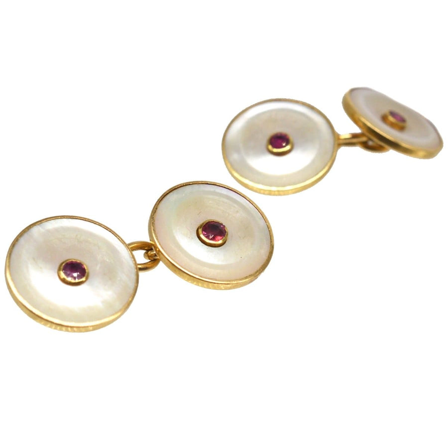 Edwardian 18ct gold cufflinks featuring ruby and mother of pearl, crafted between 1900-1915, ideal for special occasions.