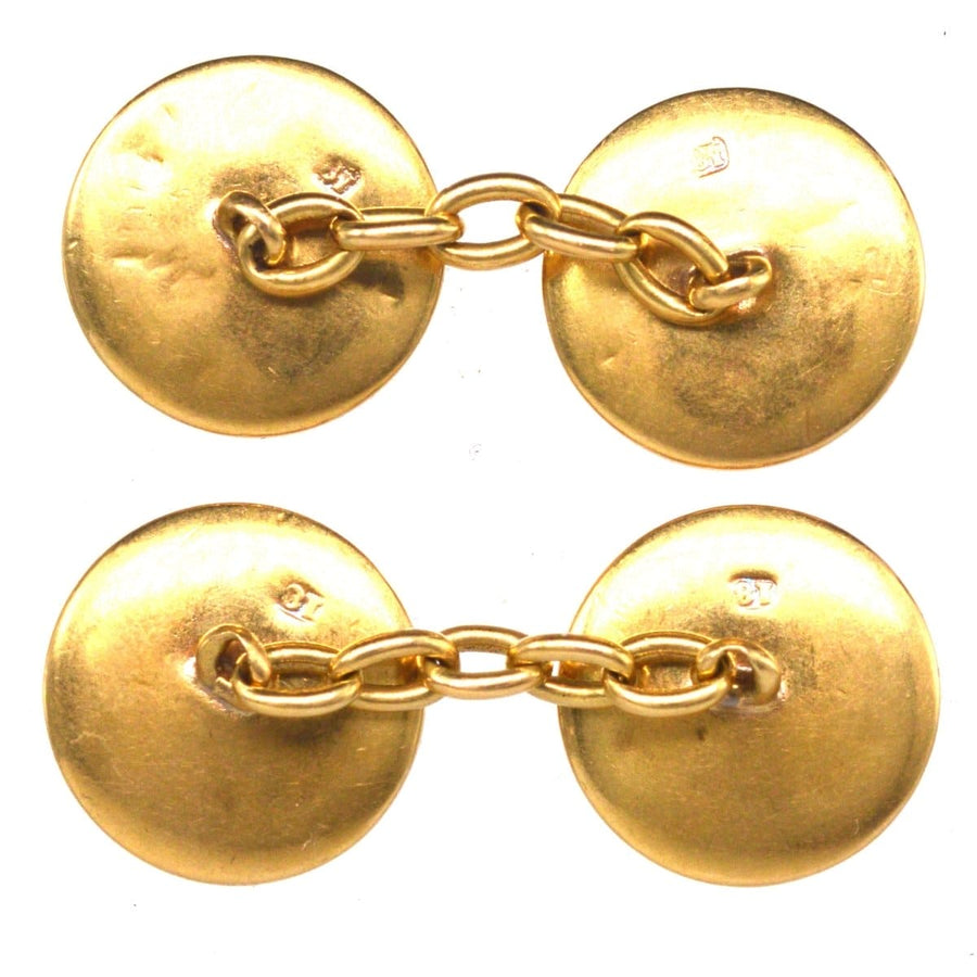 Elegant Edwardian 18ct gold cufflinks with a classic button design and chain link connector.