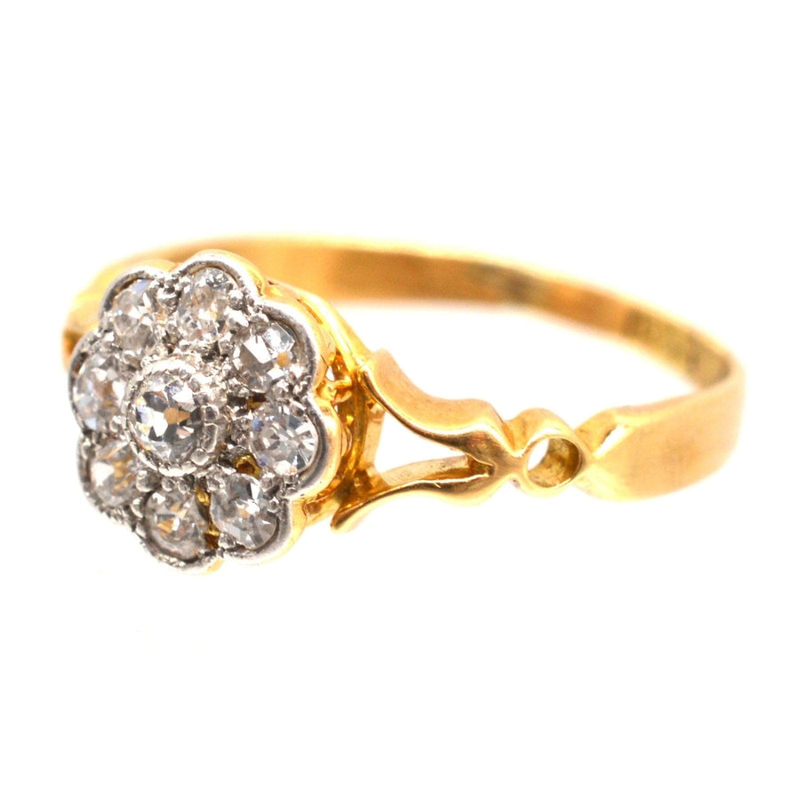 Edwardian 18ct Gold Old Mine Cut Diamond Cluster Ring with Decorated Shoulders | Parkin and Gerrish (UK)