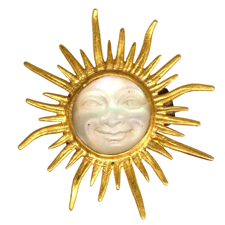 Edwardian 18ct Gold Opalescent Glass Man in the Moon Sunburst Brooch | Parkin and Gerrish | Antique & Vintage Jewellery
