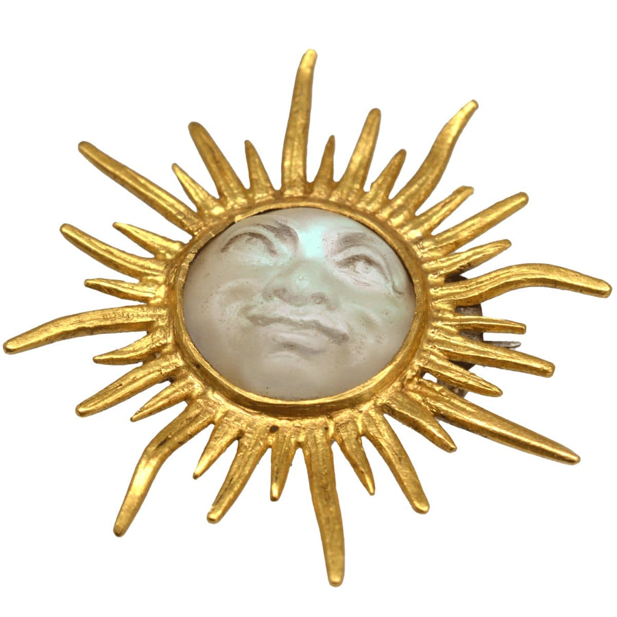 Edwardian 18ct Gold Opalescent Glass Man in the Moon Sunburst Brooch | Parkin and Gerrish | Antique & Vintage Jewellery