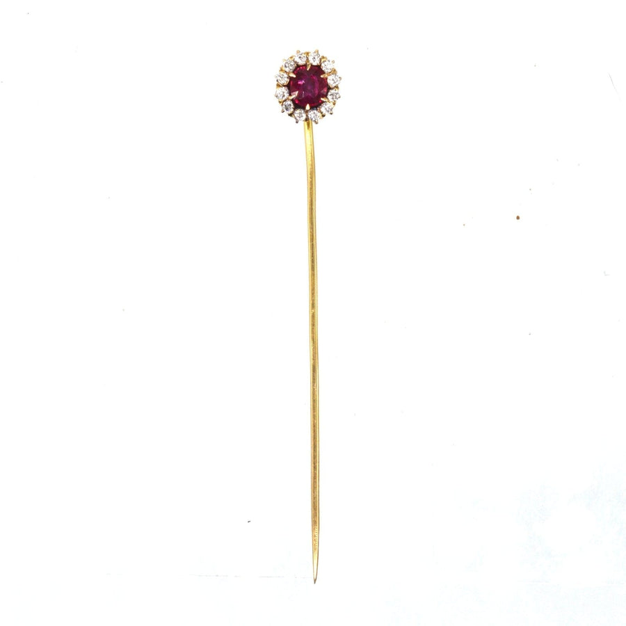 Edwardian 18ct Gold Pigeon Blood Burma Ruby and Diamond Cluster Tie Pin | Parkin and Gerrish (UK)