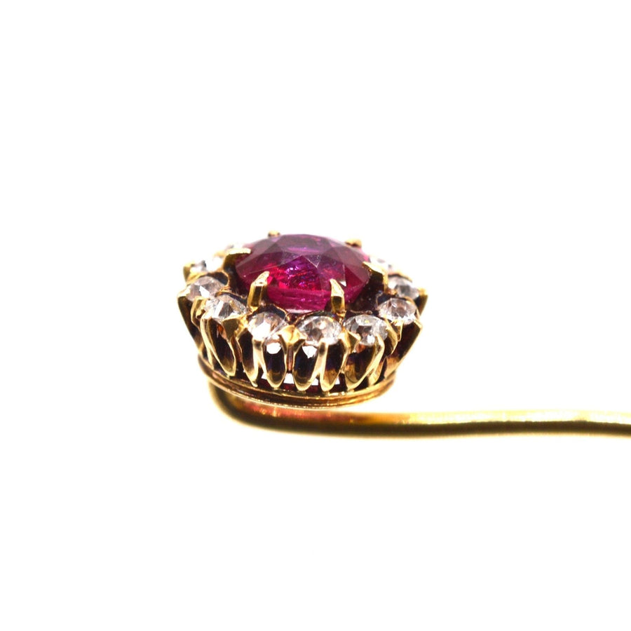 Edwardian 18ct Gold Pigeon Blood Burma Ruby and Diamond Cluster Tie Pin | Parkin and Gerrish (UK)