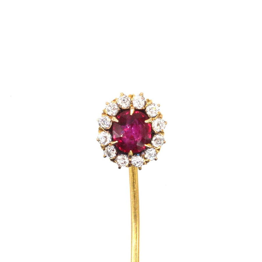 Edwardian 18ct Gold Pigeon Blood Burma Ruby and Diamond Cluster Tie Pin | Parkin and Gerrish (UK)