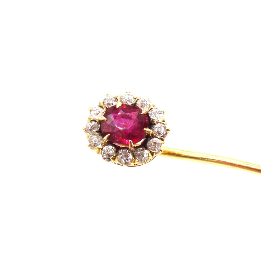 Edwardian 18ct Gold Pigeon Blood Burma Ruby and Diamond Cluster Tie Pin | Parkin and Gerrish (UK)