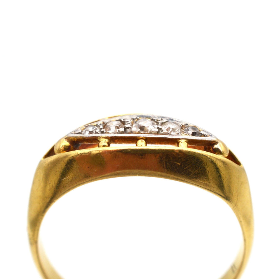 Edwardian 18ct Gold & Platinum, Five Stone Diamond Boat Shaped Ring | Parkin and Gerrish | Antique & Vintage Jewellery