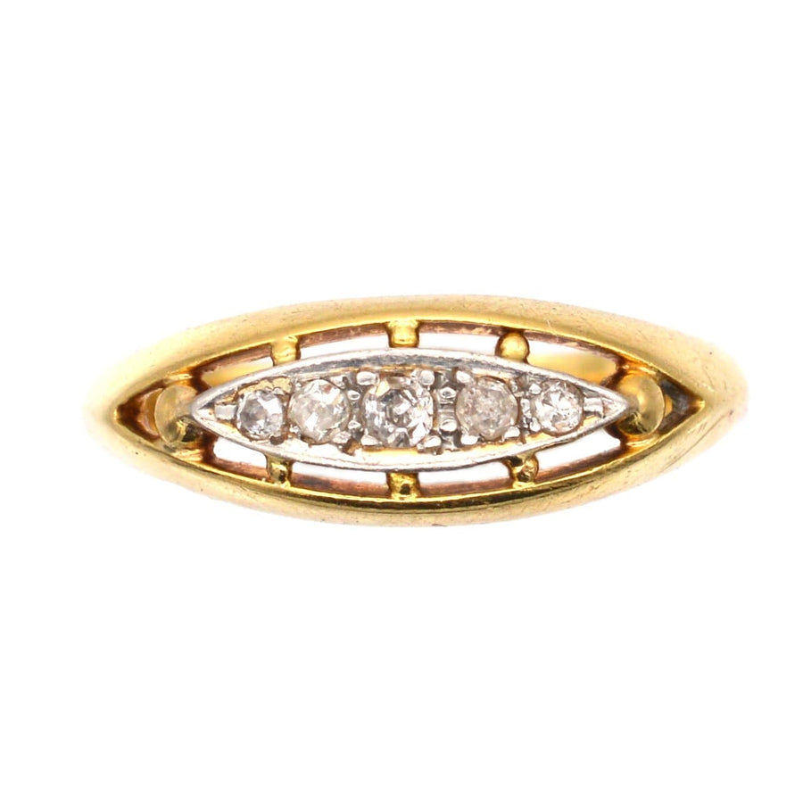 Edwardian 18ct Gold & Platinum, Five Stone Diamond Boat Shaped Ring | Parkin and Gerrish | Antique & Vintage Jewellery