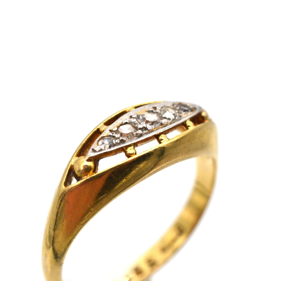 Edwardian 18ct Gold & Platinum, Five Stone Diamond Boat Shaped Ring | Parkin and Gerrish | Antique & Vintage Jewellery