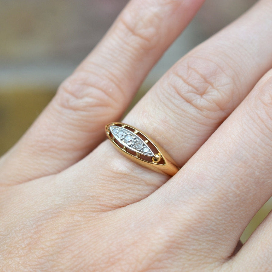 Edwardian 18ct Gold & Platinum, Five Stone Diamond Boat Shaped Ring | Parkin and Gerrish | Antique & Vintage Jewellery