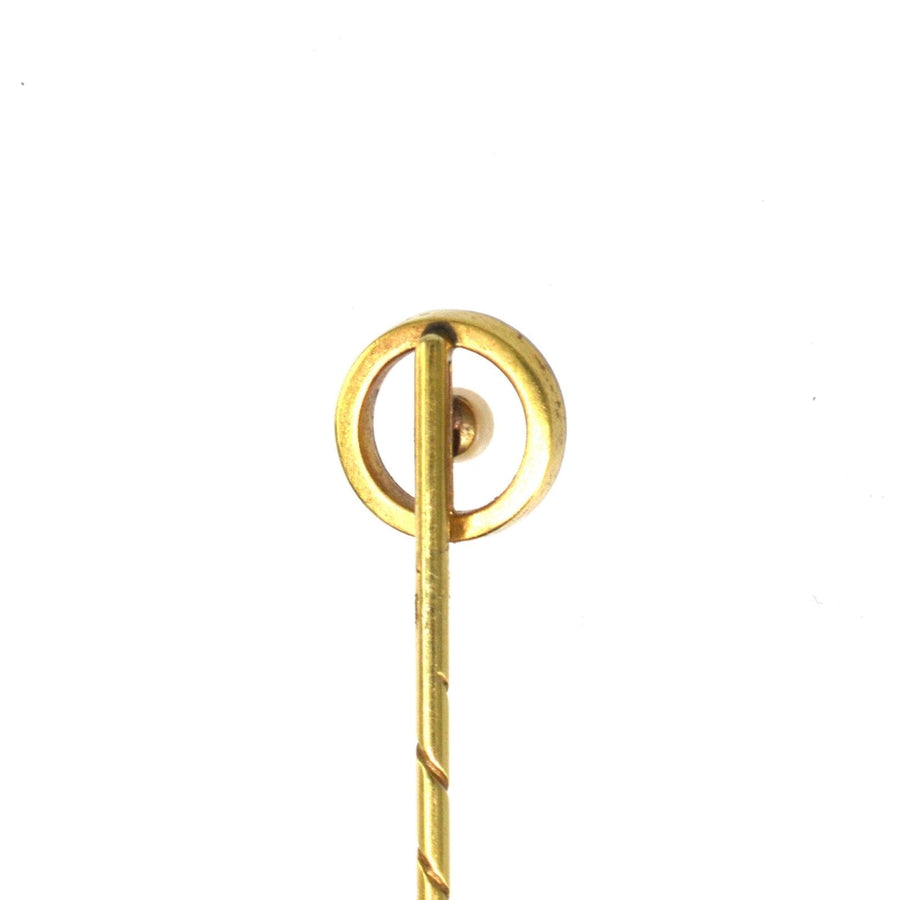 Edwardian gold and platinum round circle tie pin featuring a pearl, ideal for enhancing any formal outfit.
