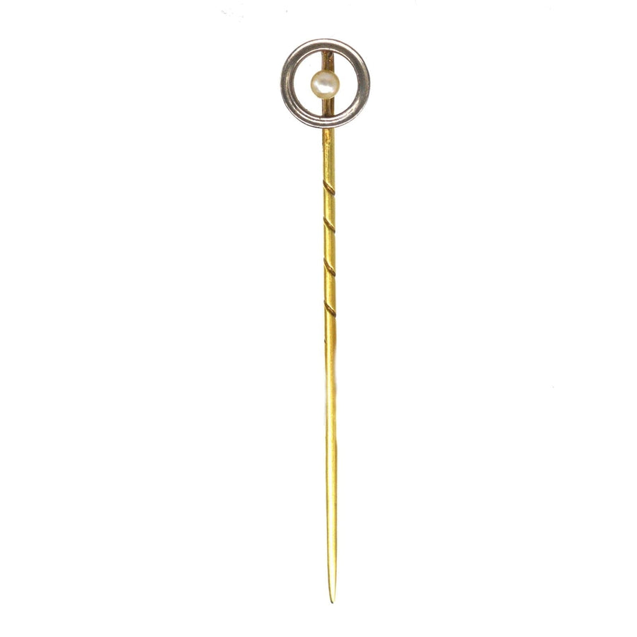 Edwardian gold and platinum round circle tie pin with pearl, elegant accessory for a sophisticated look.