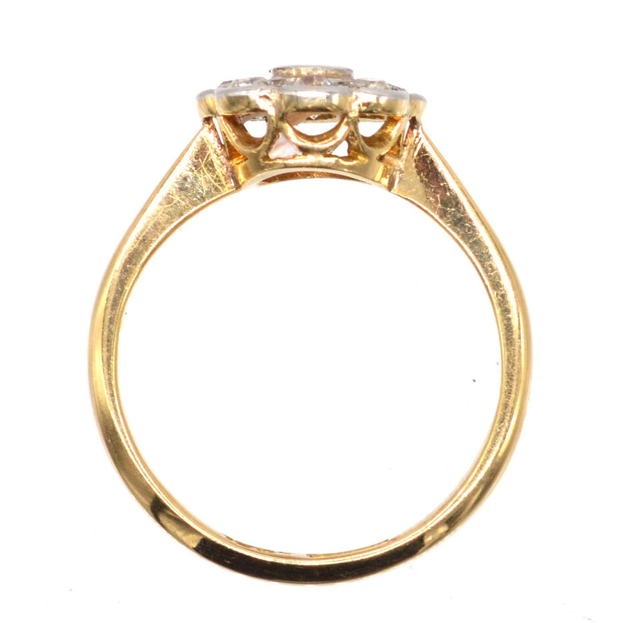 Edwardian 18ct gold and platinum ruby diamond cluster ring from the early 1900s, ideal for engagement.