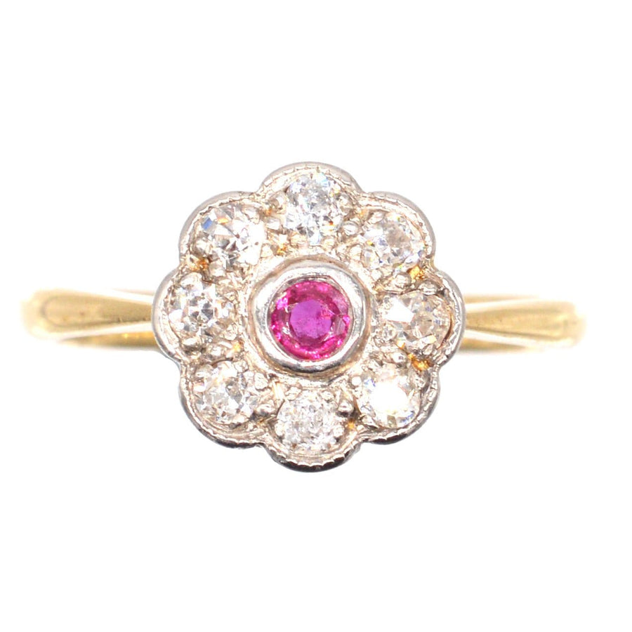 Edwardian 18ct gold and platinum ruby diamond cluster ring, early 1900s, perfect for engagement.