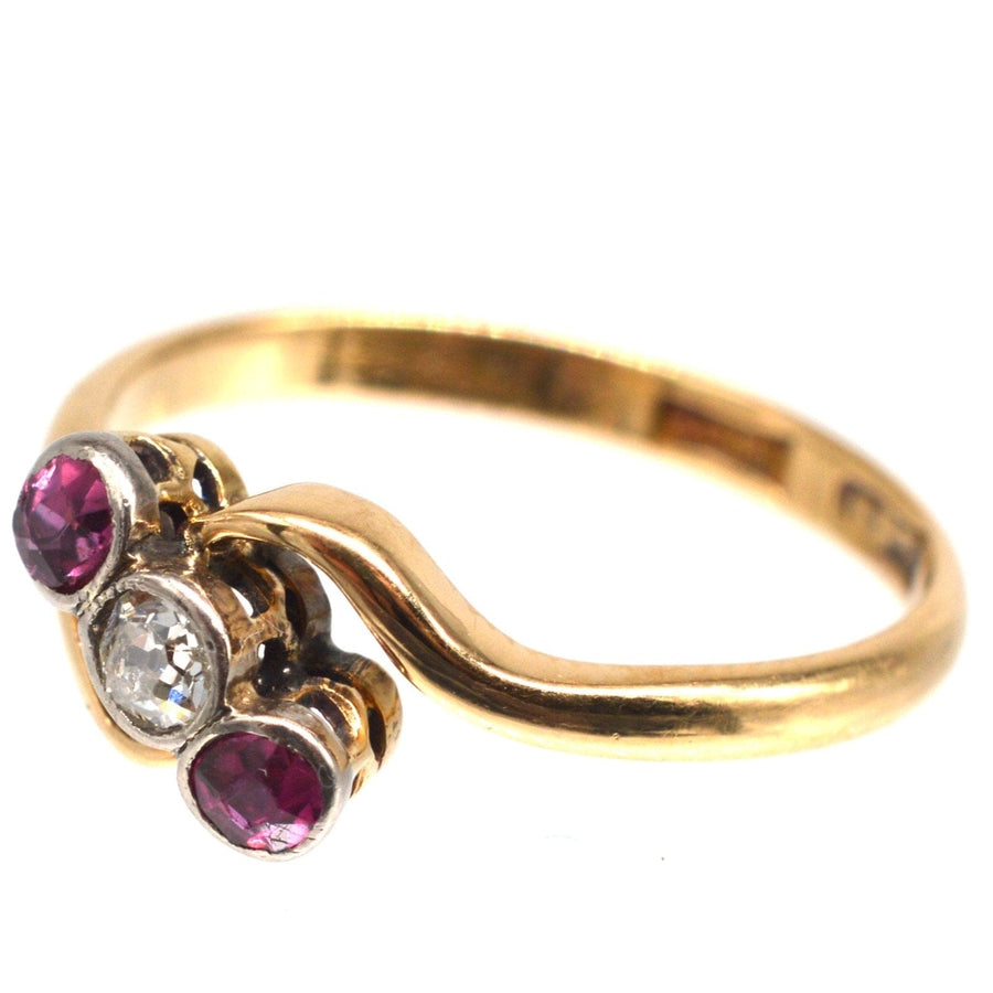 Edwardian 18ct Gold & Platinum, Ruby and Diamond Three Stone Crossover Ring | Parkin and Gerrish | Antique & Vintage Jewellery