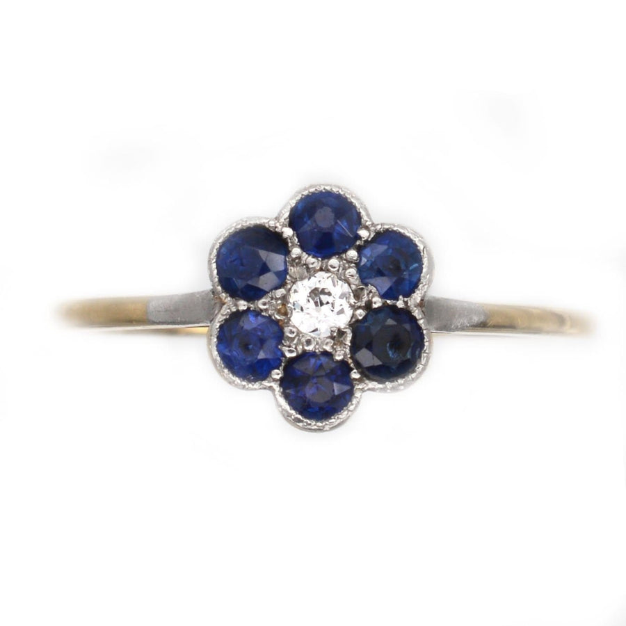 Edwardian 18ct Gold & Platinum, Sapphire and Diamond Flower Cluster Ring | Parkin and Gerrish | Antique & Vintage Jewellery