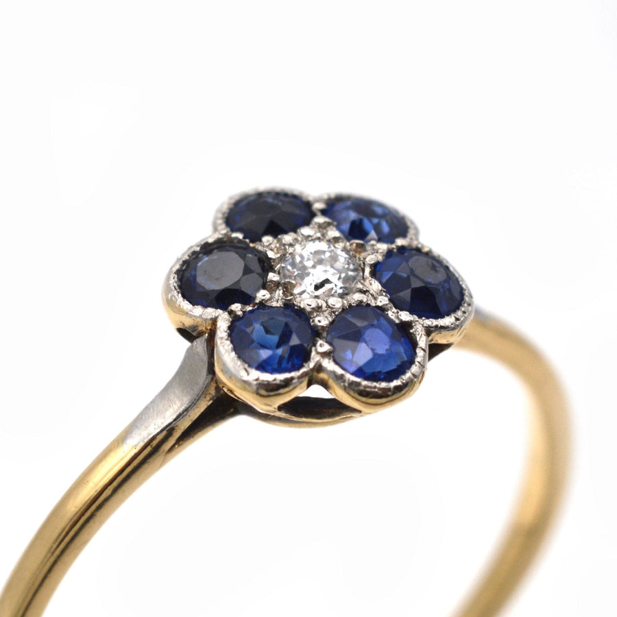 Edwardian 18ct Gold & Platinum, Sapphire and Diamond Flower Cluster Ring | Parkin and Gerrish | Antique & Vintage Jewellery