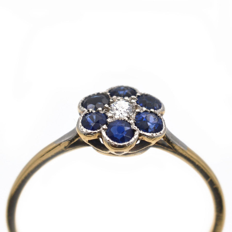 Edwardian 18ct Gold & Platinum, Sapphire and Diamond Flower Cluster Ring | Parkin and Gerrish | Antique & Vintage Jewellery