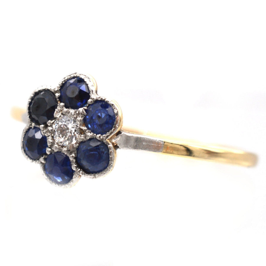 Edwardian 18ct Gold & Platinum, Sapphire and Diamond Flower Cluster Ring | Parkin and Gerrish | Antique & Vintage Jewellery