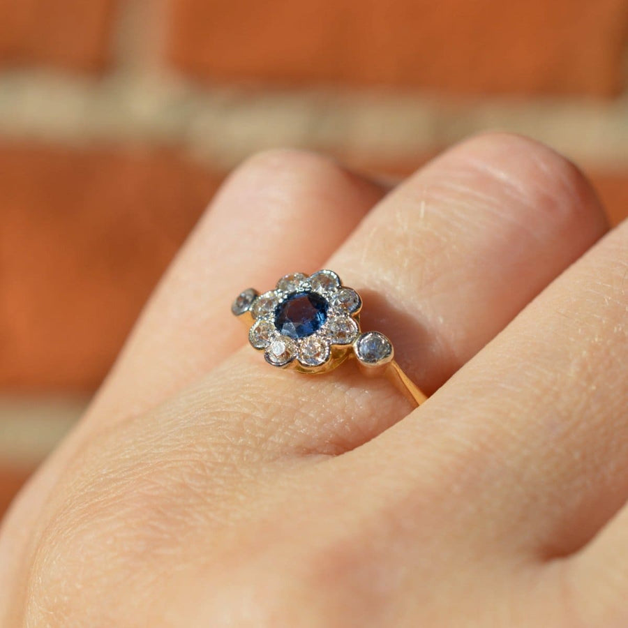 Edwardian 18ct Gold & Platinum, Sapphire & Diamond Cluster Ring | Parkin and Gerrish | Antique & Vintage Jewellery