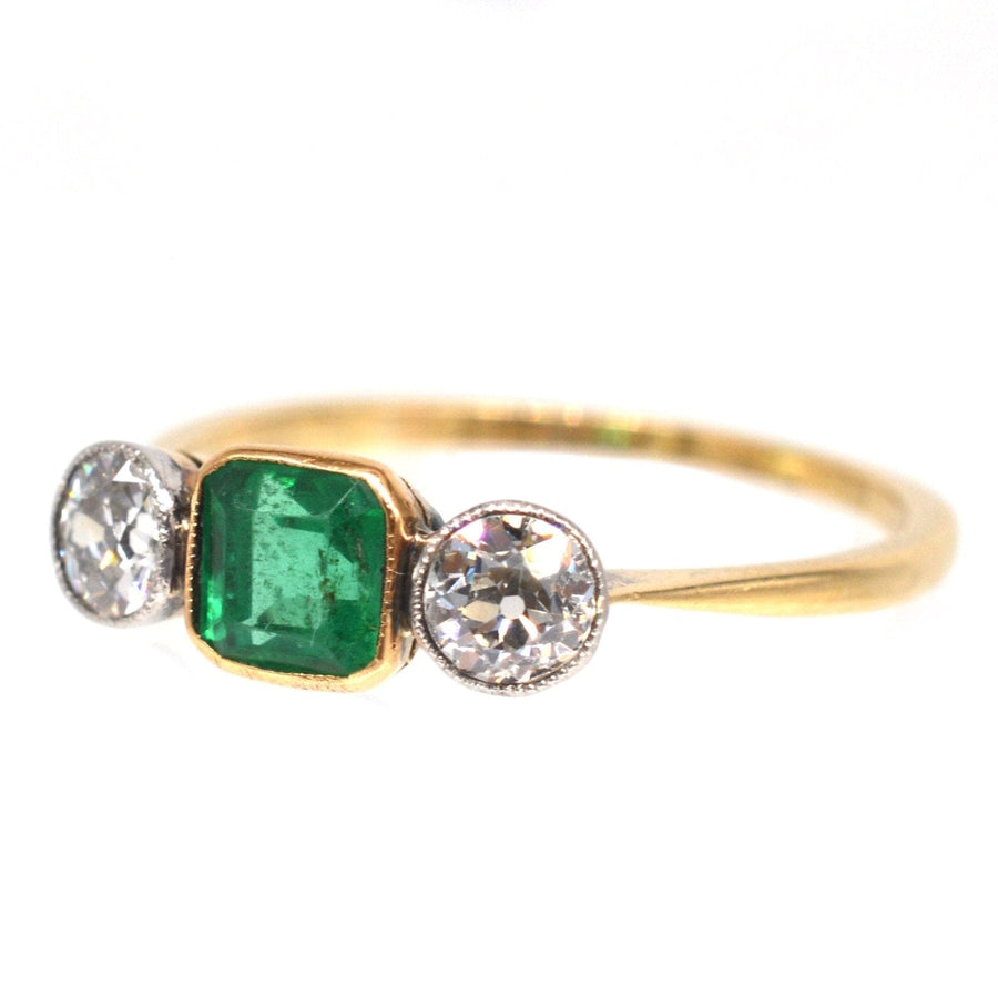 Edwardian 18ct Gold & Platinum Three Stone Emerald and Diamond Ring | Parkin and Gerrish | Antique & Vintage Jewellery