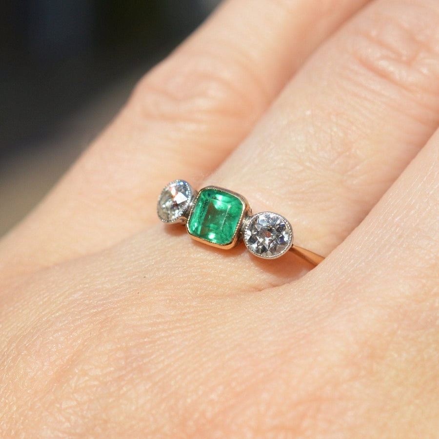 Edwardian 18ct Gold & Platinum Three Stone Emerald and Diamond Ring | Parkin and Gerrish | Antique & Vintage Jewellery