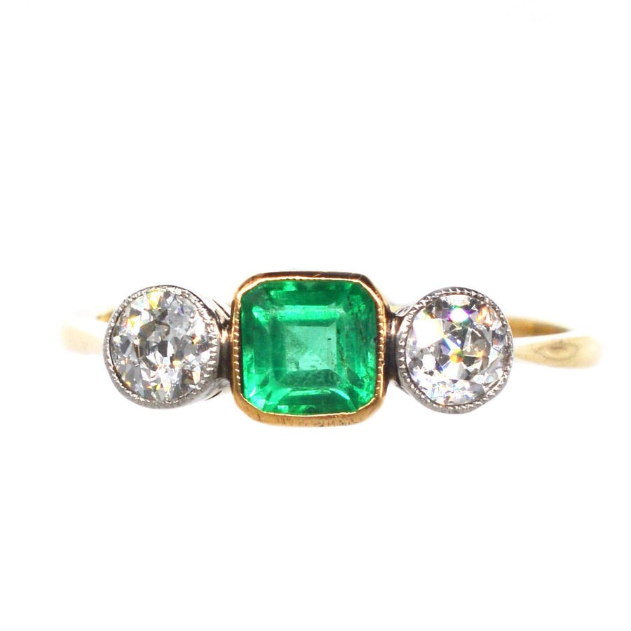 Edwardian 18ct Gold & Platinum Three Stone Emerald and Diamond Ring | Parkin and Gerrish | Antique & Vintage Jewellery