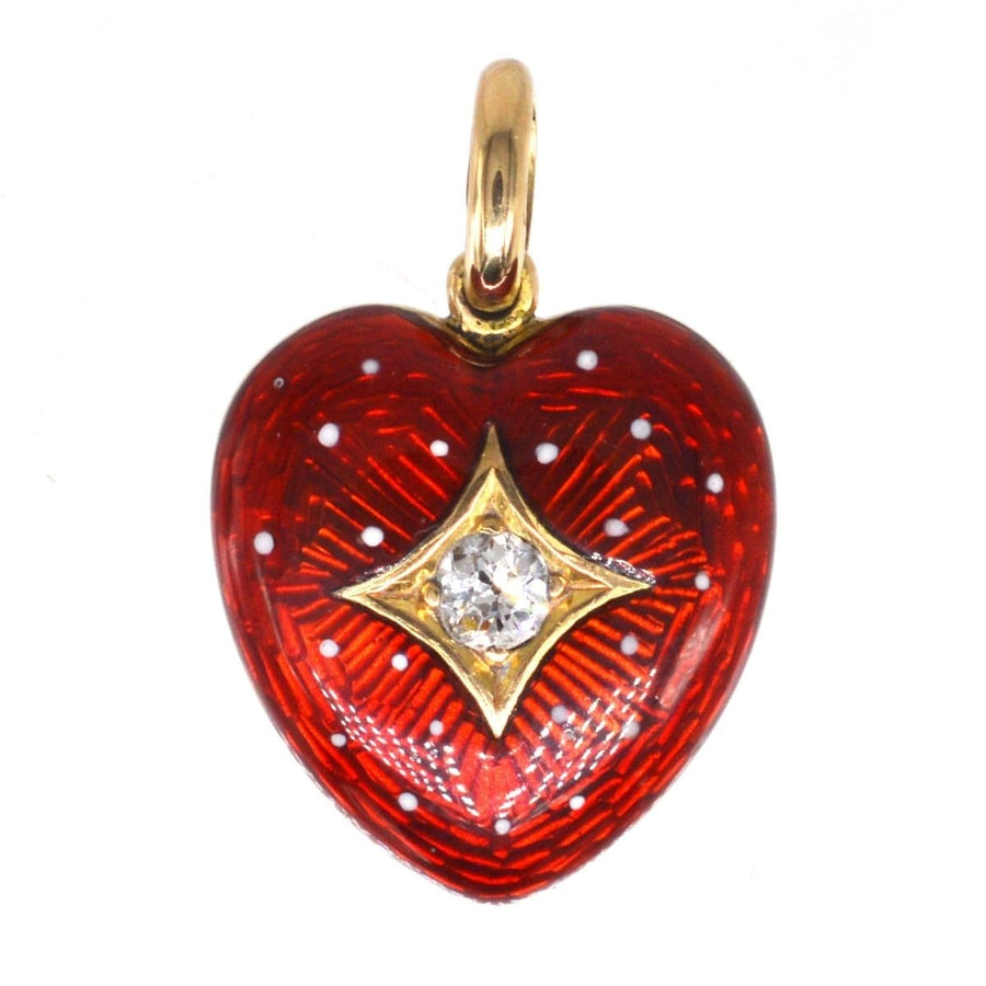 Edwardian 18ct gold red enamel heart pendant locket with white dots and diamond accent.