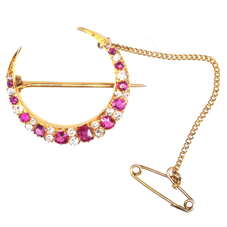 Edwardian 18ct Gold Ruby and Diamond Crescent Moon Brooch | Parkin and Gerrish | Antique & Vintage Jewellery