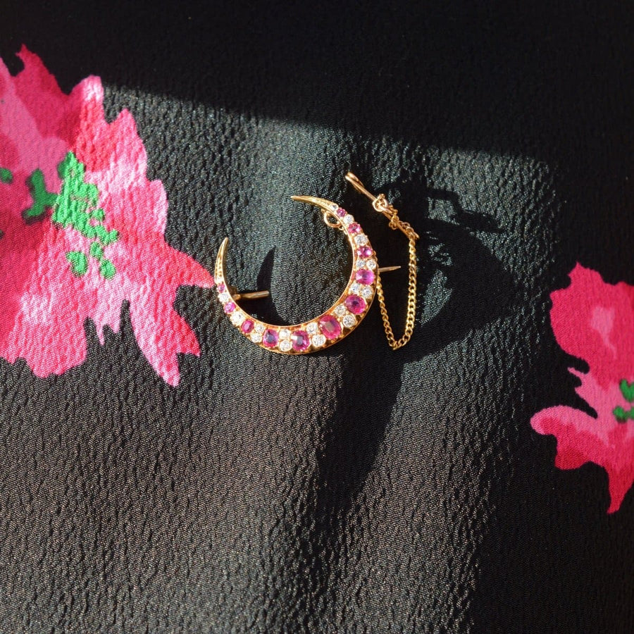 Edwardian 18ct Gold Ruby and Diamond Crescent Moon Brooch | Parkin and Gerrish | Antique & Vintage Jewellery