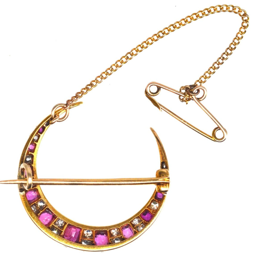 Edwardian 18ct Gold Ruby and Diamond Crescent Moon Brooch | Parkin and Gerrish | Antique & Vintage Jewellery