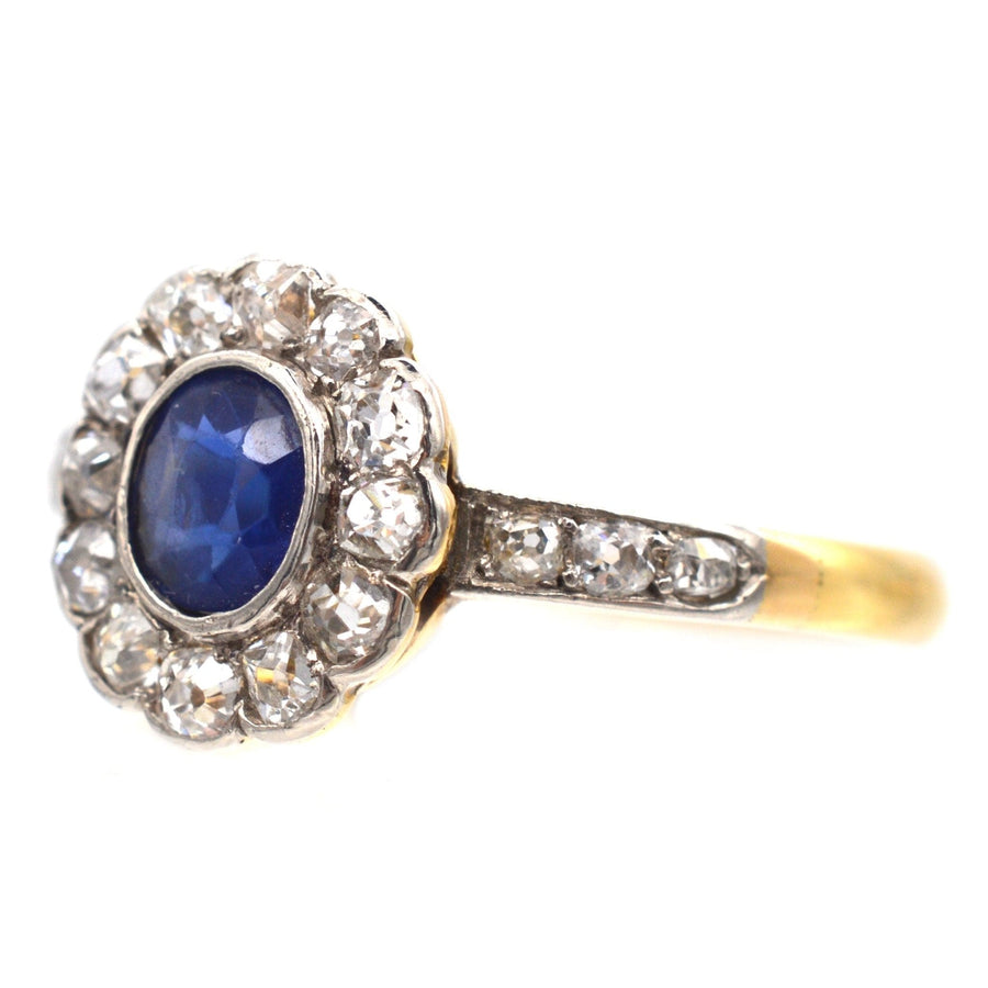 Edwardian 18ct Gold, Sapphire & Diamond Cluster Ring with Diamond Shoulders | Parkin and Gerrish | Antique & Vintage Jewellery