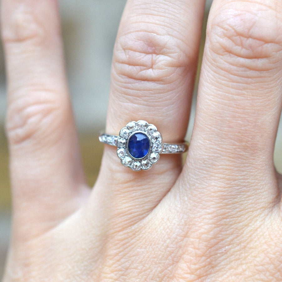 Edwardian 18ct Gold, Sapphire & Diamond Cluster Ring with Diamond Shoulders | Parkin and Gerrish | Antique & Vintage Jewellery