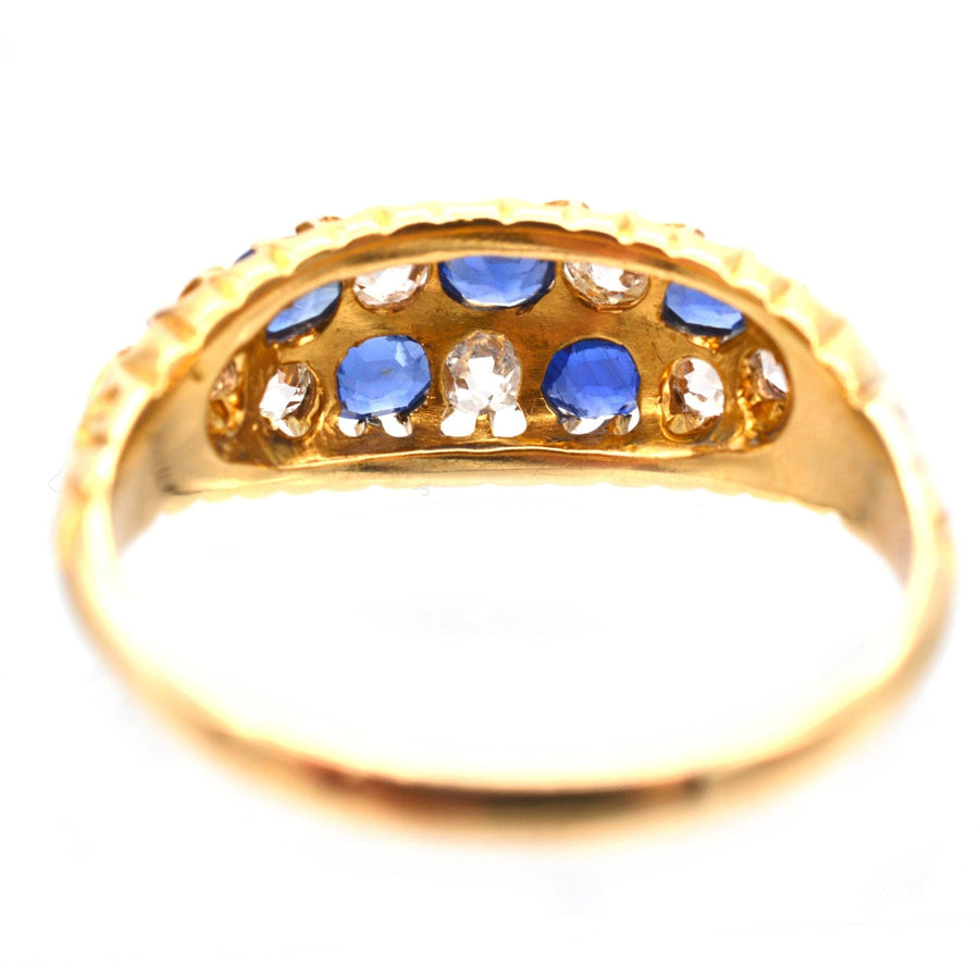 Edwardian 18ct gold chequerboard ring with sapphires and old mine cut diamonds, crafted in Chester 1903.