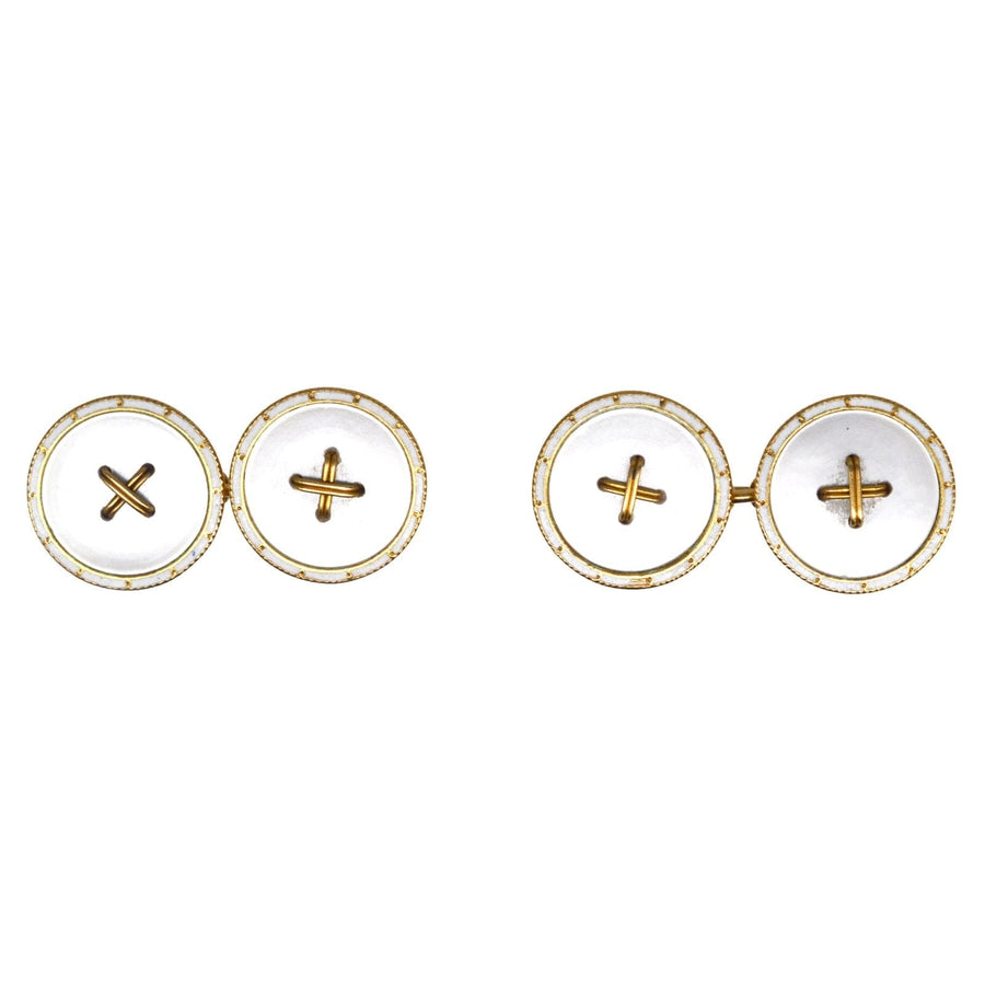 Edwardian 18ct Gold, White Enamel & Mother of Pearl Round Button Cufflinks | Parkin and Gerrish | Antique & Vintage Jewellery