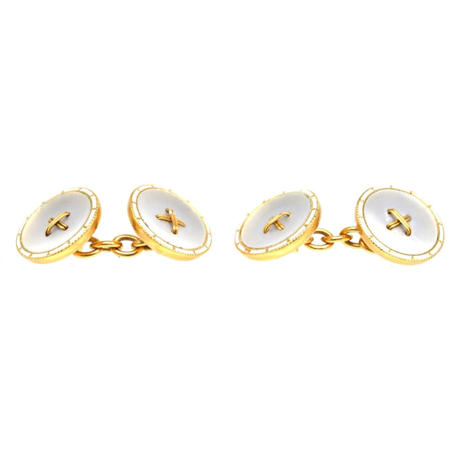 Edwardian 18ct Gold, White Enamel & Mother of Pearl Round Button Cufflinks | Parkin and Gerrish | Antique & Vintage Jewellery