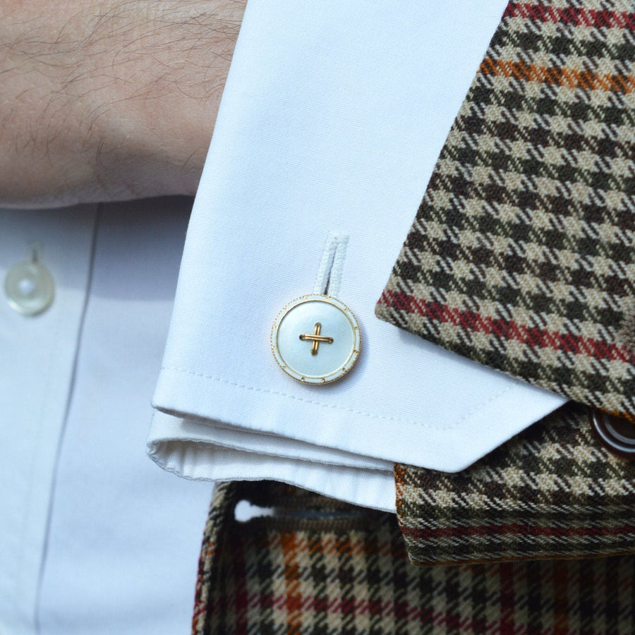 Edwardian 18ct Gold, White Enamel & Mother of Pearl Round Button Cufflinks | Parkin and Gerrish | Antique & Vintage Jewellery