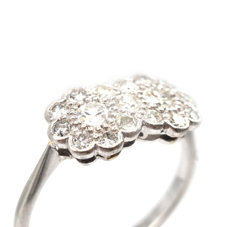 Edwardian 18ct white gold and platinum double cluster diamond ring with sparkling diamonds.