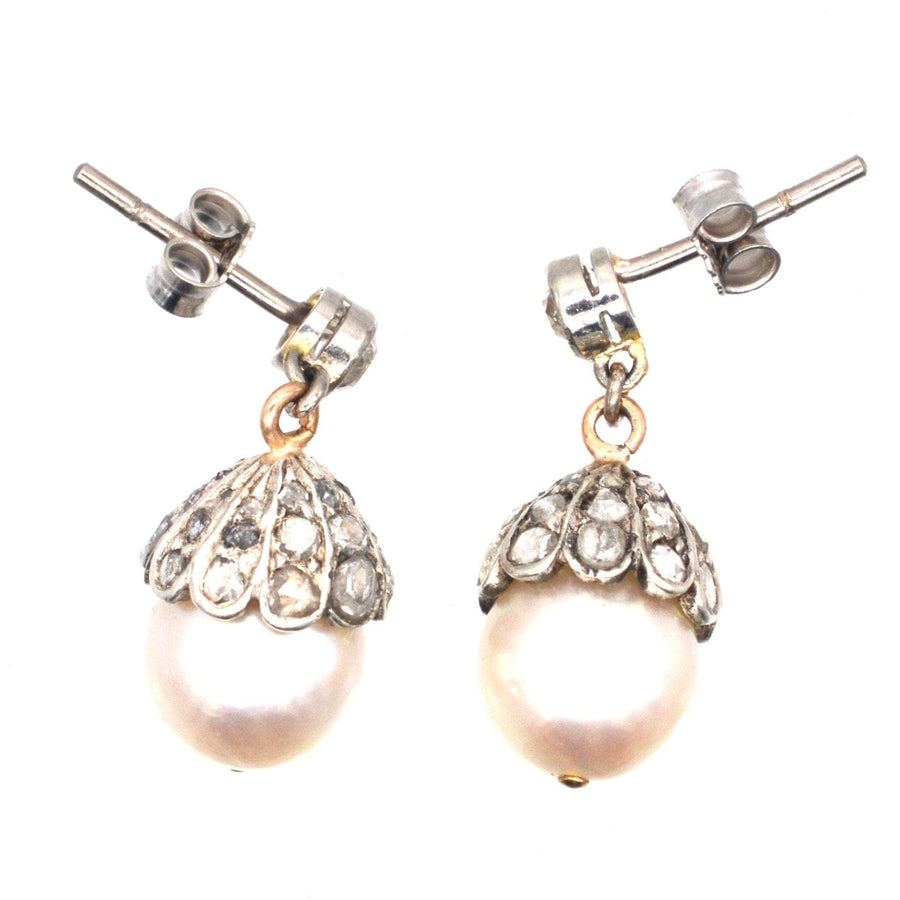 Edwardian 18ct White Gold, Cultured Pearl and Rose Diamond Acorn Earrings | Parkin and Gerrish (UK)