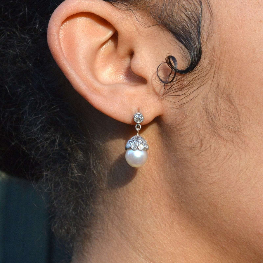 Edwardian 18ct White Gold, Cultured Pearl and Rose Diamond Acorn Earrings | Parkin and Gerrish (UK)