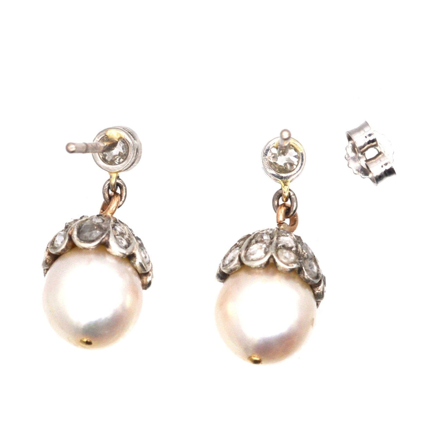 Edwardian 18ct White Gold, Cultured Pearl and Rose Diamond Acorn Earrings | Parkin and Gerrish (UK)