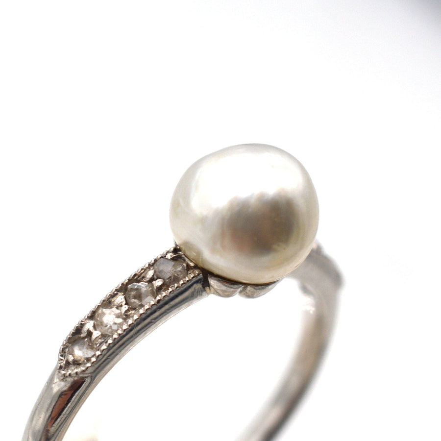 Edwardian 18ct White Gold & Platinum, Natural Pearl & Diamond Ring | Parkin and Gerrish | Antique & Vintage Jewellery