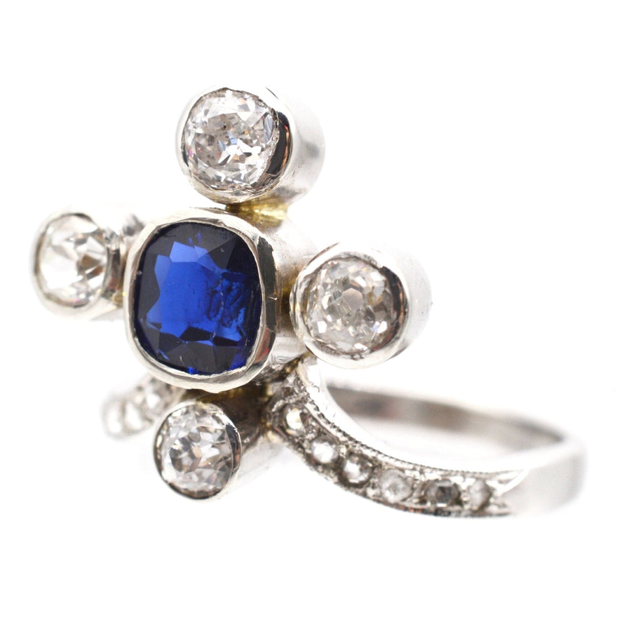 Edwardian 18ct White Gold, Sapphire and Old Mine Cut Diamond Tiara Ring | Parkin and Gerrish | Antique & Vintage Jewellery