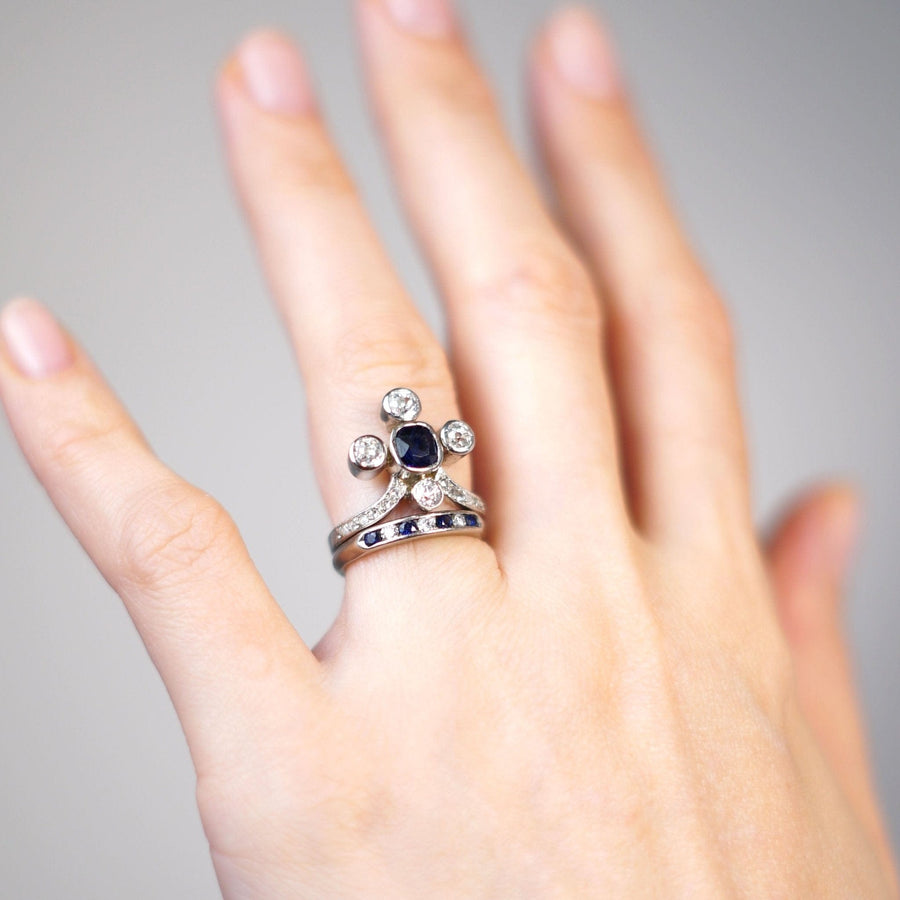 Edwardian 18ct White Gold, Sapphire and Old Mine Cut Diamond Tiara Ring | Parkin and Gerrish | Antique & Vintage Jewellery