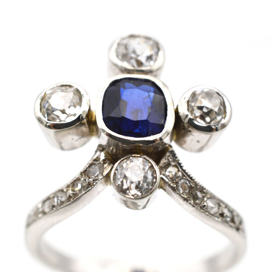 Edwardian 18ct White Gold, Sapphire and Old Mine Cut Diamond Tiara Ring | Parkin and Gerrish | Antique & Vintage Jewellery